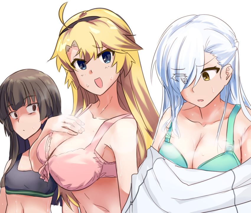 3girls black_hairband black_sports_bra blonde_hair blue_eyes blunt_bangs bra breast_envy breasts brown_eyes brown_hair cleavage collarbone commentary_request eyes_visible_through_hair furrowed_brow green_bra hair_over_one_eye hairband hand_on_own_chest hime_cut juujou_hiyori kitora_mirja kohagura_ellen large_breasts long_hair looking_at_another looking_at_viewer mashitono_desu multiple_girls open_mouth pink_bra shirt sidelocks simple_background small_breasts sports_bra steam stomach sweat toji_no_miko underwear undressing white_background white_hair white_shirt yellow_eyes