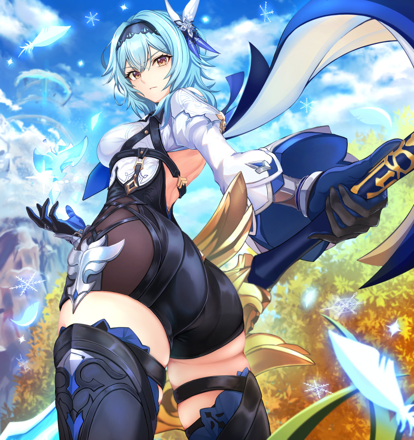 1girl absurdres ass black_hairband black_shorts black_thighhighs blue_hair blue_sky brown_eyes cloud commentary commentary_request cowboy_shot day eula_(genshin_impact) foreshortening genshin_impact gloves hair_ornament hairband harukey high-waist_shorts highres holding juliet_sleeves long_sleeves looking_at_viewer medium_hair outdoors puffy_sleeves shirt shorts sky solo standing thighhighs thighs white_shirt wide_sleeves