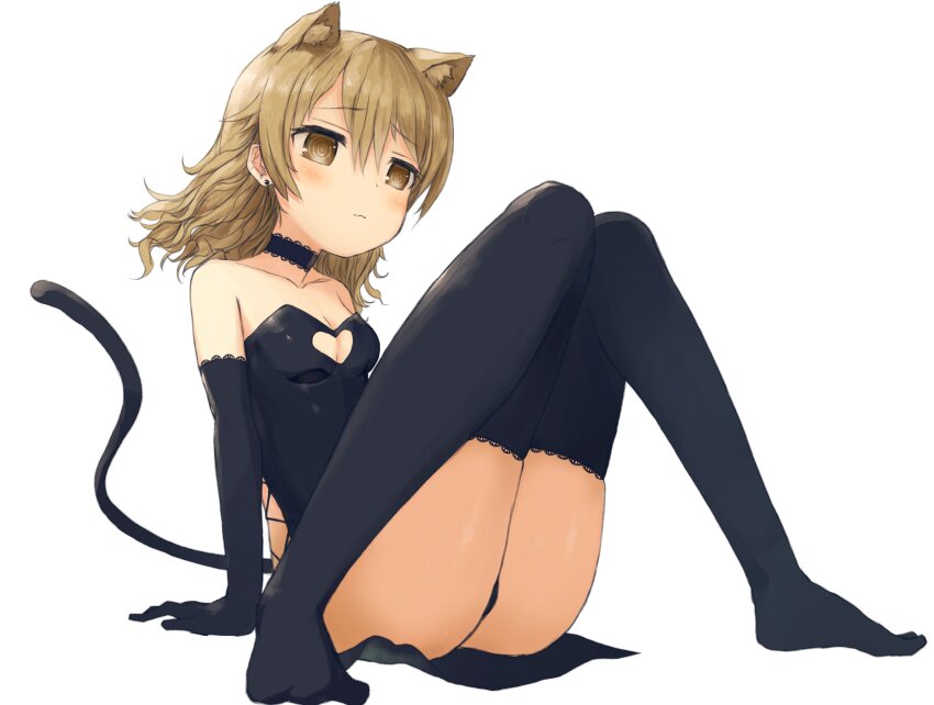 1girl @_@ absurdres animal_ear_fluff animal_ears arm_support ass black_choker black_gloves black_leotard black_panties black_thighhighs blush breasts brown_eyes cat_ears cat_girl cat_tail choker cleavage_cutout clothing_cutout cross-laced_clothes cross-laced_leotard dot_nose earrings elbow_gloves gloves hair_between_eyes heart_cutout highres idolmaster idolmaster_cinderella_girls jewelry kittysuit knees_together_feet_apart lace lace-trimmed_choker lace-trimmed_gloves lace-trimmed_thighhighs lace-u lace_trim leaning_back leotard light_brown_hair medium_breasts medium_hair morikubo_nono nontraditional_playboy_bunny panties ruiten simple_background sitting strapless strapless_leotard stud_earrings tail thighhighs underwear wavy_mouth white_background