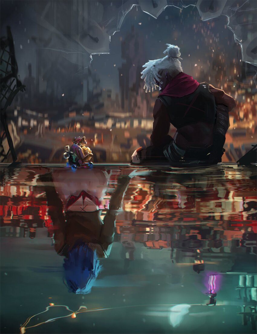 1boy 1girl arcane:_league_of_legends arcane_jinx blue_hair broken_glass cityscape dark-skinned_male dark_skin different_reflection dreadlocks ekko_(league_of_legends) firelight_ekko from_behind glass hextech_gemstone highres jinx_(league_of_legends) league_of_legends night night_sky reflection reflective_water rotational_symmetry short_hair sitting sky sophyucha white_hair