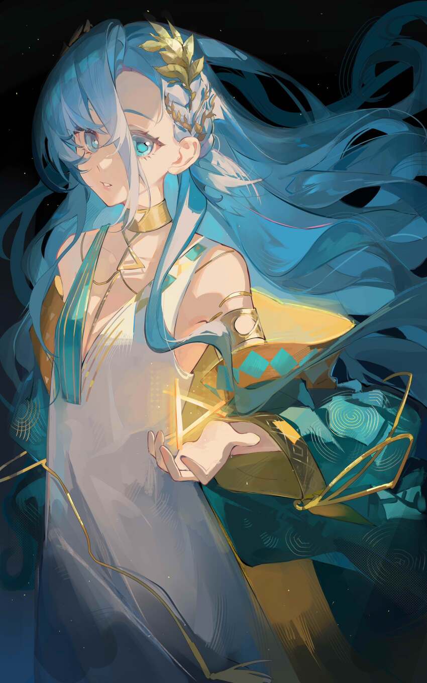 1girl 37_(reverse:1999) absurdres ancient_greek_clothes bare_shoulders black_background blue_eyes blue_hair blue_robe flat_chest floating_hair gold_choker greco-roman_clothes hair_between_eyes hand_up highres laurel_crown long_hair looking_at_viewer meiyou_lizhi parted_lips reverse:1999 robe solo toga triangle upper_body very_long_hair