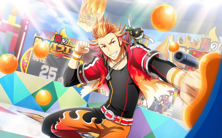 1boy akai_suzaku belt cat crowd fingernails flame_print highres idolmaster idolmaster_side-m idolmaster_side-m_live_on_stage! jewelry layered_sleeves long_sleeves male_focus multicolored_hair necklace nyako_(idolmaster) official_art orange_hair pants red_hair short_over_long_sleeves short_sleeves smile streaked_hair wristband