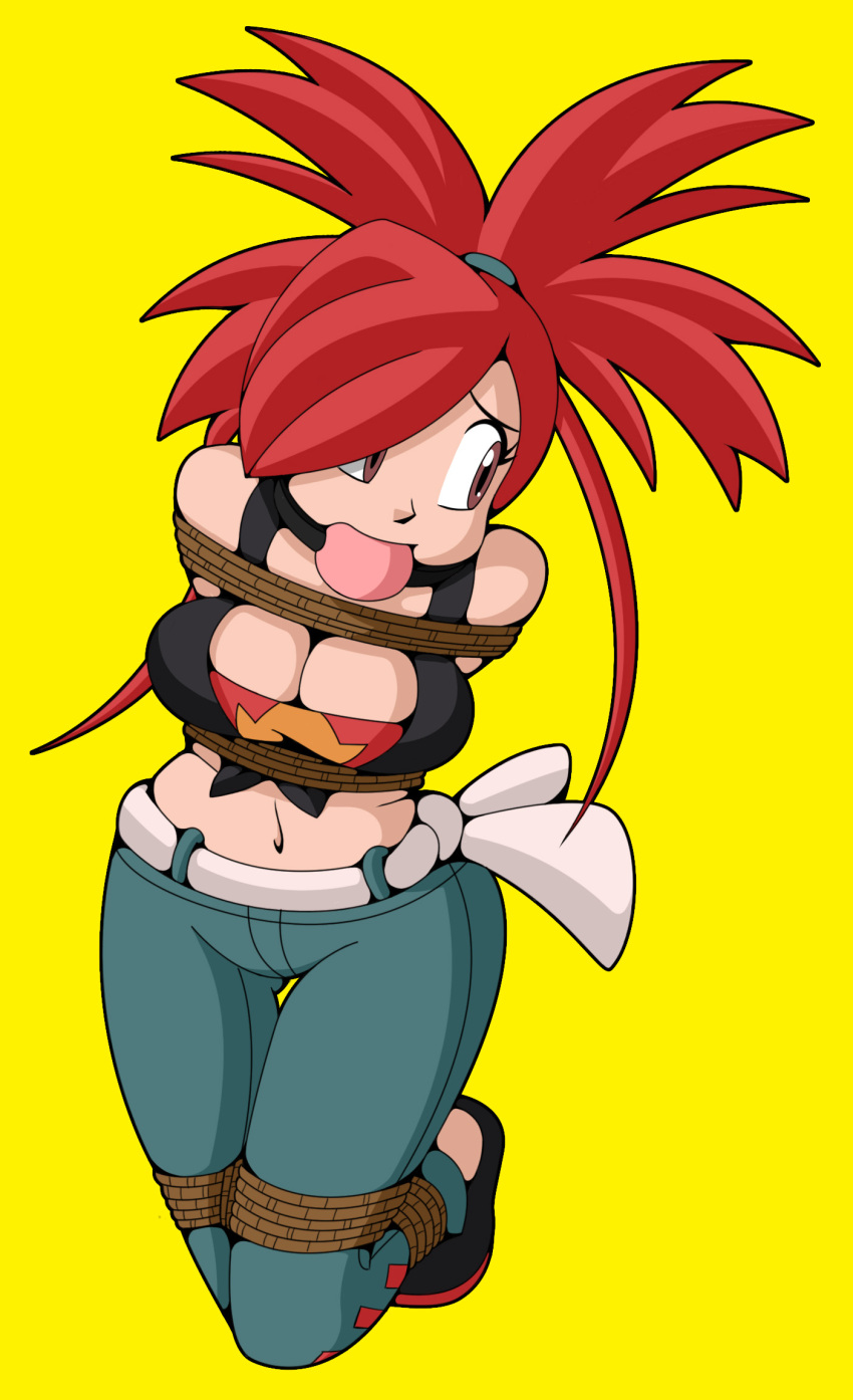 arms_behind_back ball_gag bdsm belly bondage bound bound_arms bound_legs bound_wrists creatures_(company) flannery_(pokemon) gag gagged game_freak highres looking_to_the_side midriff nintendo non-web_source pokemon pokemon_oras raya100 worried