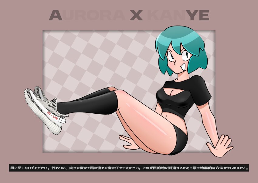 1girl aurora_(novabreaker) black_shirt black_shorts black_socks border breasts brown_background brown_border cleavage crop_top detached_sleeves english_text gradient_hair green_eyes green_hair highres jeremias kneehighs legs_up medium_breasts midriff multicolored_hair novabreaker shiny_skin shirt shoes short_shorts shorts sitting skin_tight smile sneakers socks square streetwear tank_top thick_thighs thighs tight_clothes yeezy_(brand) yeezy_boost_350