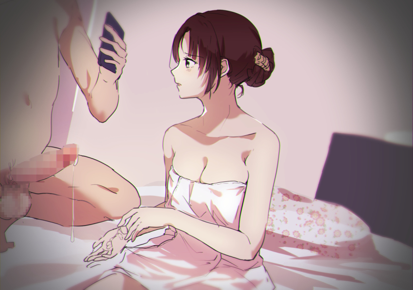 1boy 1girl blush breasts brooch brown_hair censored collarbone cum cum_on_body cum_on_hands cumdrip hair_bun holding holding_phone indoors jewelry large_breasts large_penis looking_at_another male_pubic_hair mosaic_censoring on_bed original parted_lips penis phone pillow pubic_hair short_hair single_hair_bun sitting suwakana tagme testicles towel