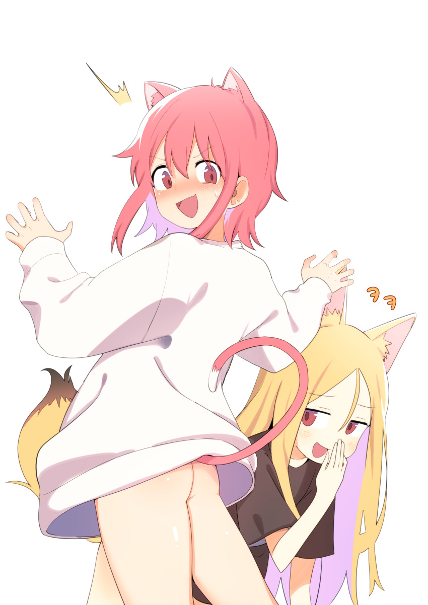 2girls absurdres animal_ears ass blonde_hair blush bural_chingu cat_ears cat_girl cat_tail extra_ears fox_ears fox_girl fox_tail from_behind hair_between_eyes highres lee_ji-eun_(bural_chingu) lee_ji-min looking_back luke_(dydansgur) multiple_girls naked_shirt no_panties pink_eyes pink_hair red_eyes shirt siblings simple_background sisters surprised sweatdrop sweater tail white_background