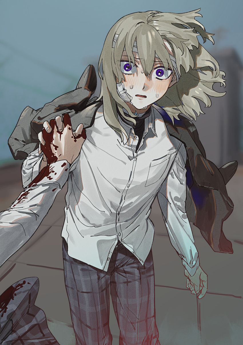 1boy 1girl absurdres androgynous arm_at_side bandaged_head bandages bishounen black_jacket blood blood_on_hands blurry blurry_background breast_pocket collared_shirt constricted_pupils depth_of_field furrowed_brow grey_pants grey_sky hair_between_eyes hand_up highres jacket jacket_on_shoulders leaning_forward long_sleeves looking_afar male_focus nervous_sweating on_rooftop open_collar original out_of_frame pants plaid_clothes plaid_pants pocket purple_eyes rooftop shirt sky solo_focus sweat white_shirt wind wing_collar yumu1059