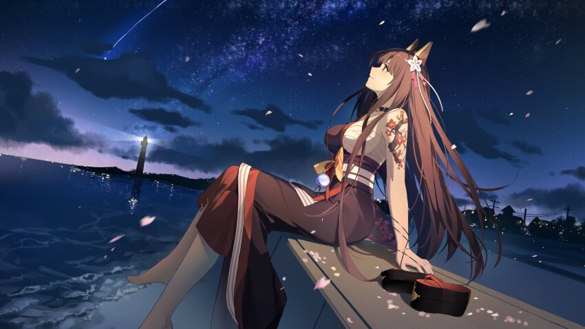 1girl akagi_(warship_girls_r) animal_ears arm_support bandages barefoot breasts brown_hair chichengde_haotidu_afusang cloud dress flower fox_ears from_side full_body hair_flower hair_ornament highres japanese_clothes kimono large_breasts long_hair looking_up night night_sky obi ocean outdoors petals profile sarashi sash sitting sky solo star_(sky) starry_sky tattoo very_long_hair warship_girls_r water