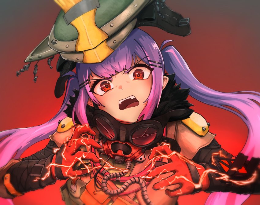 1girl absurdres angry apex_legends bloodhound_(apex_legends) bloodhound_(apex_legends)_(cosplay) brown_jacket cable cosplay electricity floating_hair gloves goggles goggles_around_neck hair_ornament hairclip head_tilt helmet highres hololive jacket looking_at_viewer open_mouth pointy_ears portrait purple_hair radioneet red_eyes red_gloves solo tokoyami_towa twintails v-shaped_eyebrows virtual_youtuber