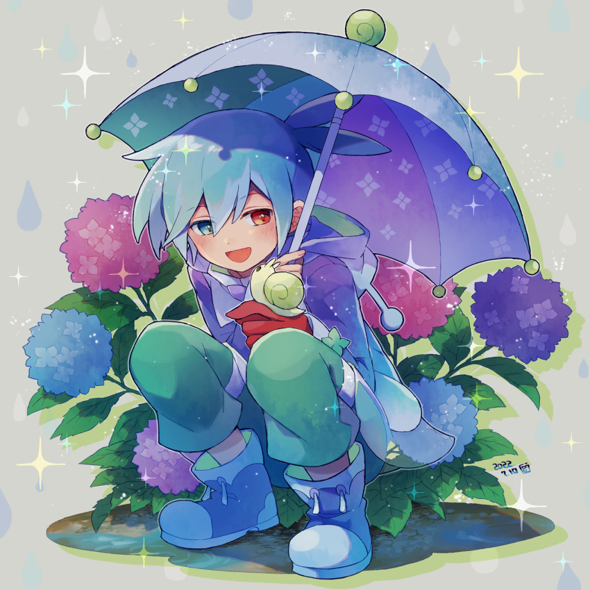 1boy blue_eyes blue_footwear blue_hair blush boots coat dated flower hana_(mew) heterochromia highres holding holding_umbrella looking_away open_mouth purple_coat puyopuyo puyopuyo_quest raincoat red_eyes rubber_boots short_hair sig_(puyopuyo) smile snail solo squatting umbrella