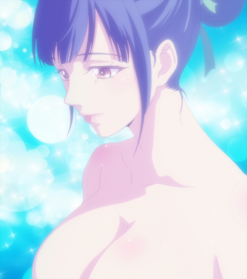 1girl anime_screenshot blue_hair breasts collarbone completely_nude green_eyes hair_ribbon highres huge_breasts large_breasts megami_no_cafe_terrace nude onsen ribbon sidelocks stitched third-party_edit tsuruga_ami yellow_ribbon