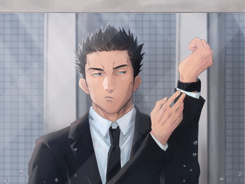 1boy bathroom black_eyes black_hair black_necktie black_suit formal_clothes indoors jujutsu_kaisen kusakabe_atsuya long_sleeves male_focus mirror necktie solo spiked_hair starryskywinter suit upper_body watch water_drop wristwatch