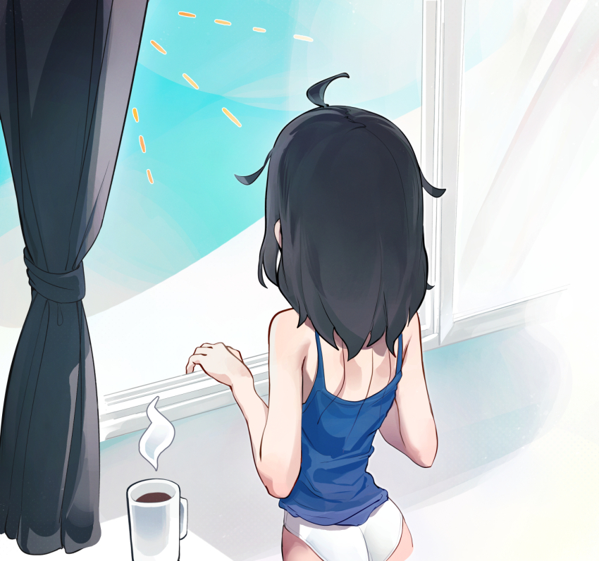 1girl ass bare_arms bare_shoulders black_hair blue_camisole camisole coffee coffee_mug cup curtains from_behind highres medium_hair messy_hair mo0o0rae mug no_pants panties senpai_ga_uzai_kouhai_no_hanashi solo tsukishiro_mona_(shiromanta) underwear upper_body white_panties window