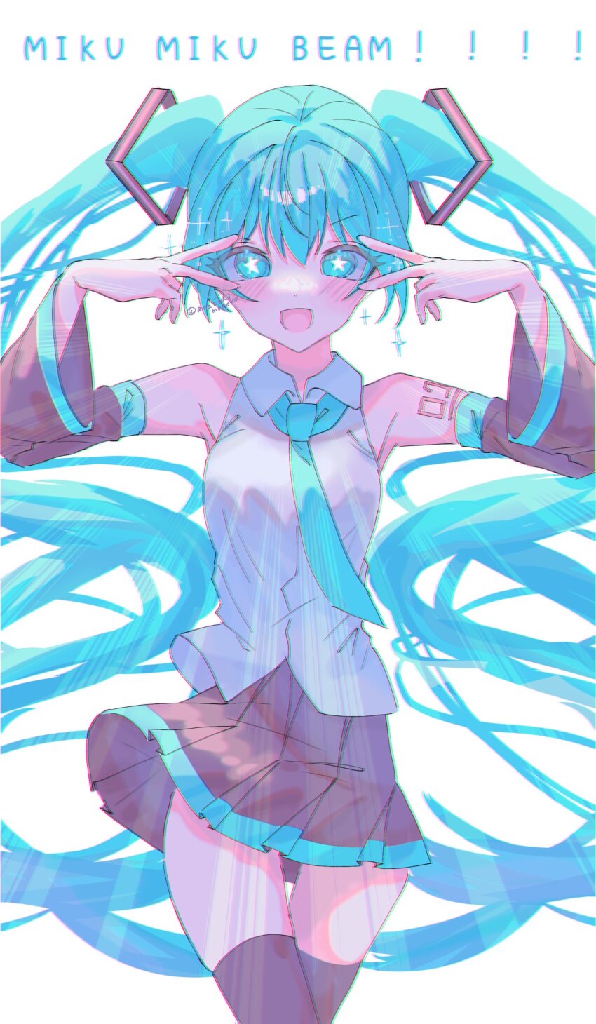 1girl amatukimahoro aqua_eyes aqua_hair aqua_nails aqua_necktie aqua_trim black_sleeves detached_sleeves double_inward_v double_v fang grey_shirt hatsune_miku highres inward_v large_syringe long_hair looking_at_viewer m@gical_cure!_love_shot!_(vocaloid) meme miku_miku_beaaaam!!_(meme) necktie number_tattoo open_mouth oversized_object shirt skin_fang sleeveless sleeveless_shirt smile solo star-shaped_pupils star_(symbol) symbol-shaped_pupils syringe tattoo twintails v v_over_eye very_long_hair vocaloid