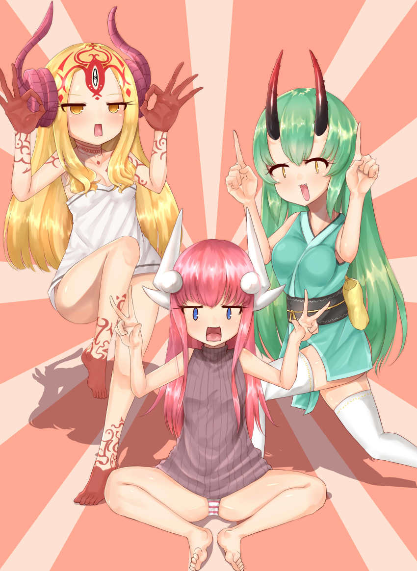 3girls absurdres alternate_costume bad_id bad_pixiv_id barefoot blonde_hair breasts cleavage dragon_girl elizabeth_bathory_(fate) elizabeth_bathory_(fate/extra_ccc) elizabeth_bathory_(fate/grand_order) fate/grand_order fate_(series) feet green_hair highres horn_swap horns ibaraki_douji_(fate) kiyohime_(fate) multiple_girls no_pants ok_sign oni panties pantyshot pink_hair sitting striped_clothes striped_panties sunburst swap sweat tattoo thighhighs underwear white_legwear