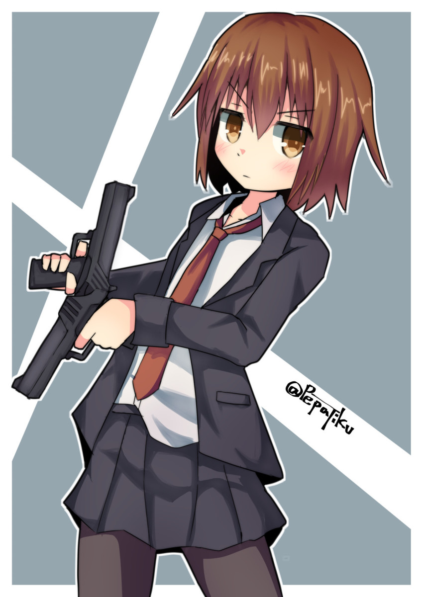 10s 1girl blazer brown_eyes brown_hair dual_wielding equilibrium female_focus gun highres holding jacket kantai_collection necktie pantyhose pepatiku pleated_skirt school_uniform shirt short_hair skirt solo twitter_username wakaba_(kancolle) weapon white_shirt