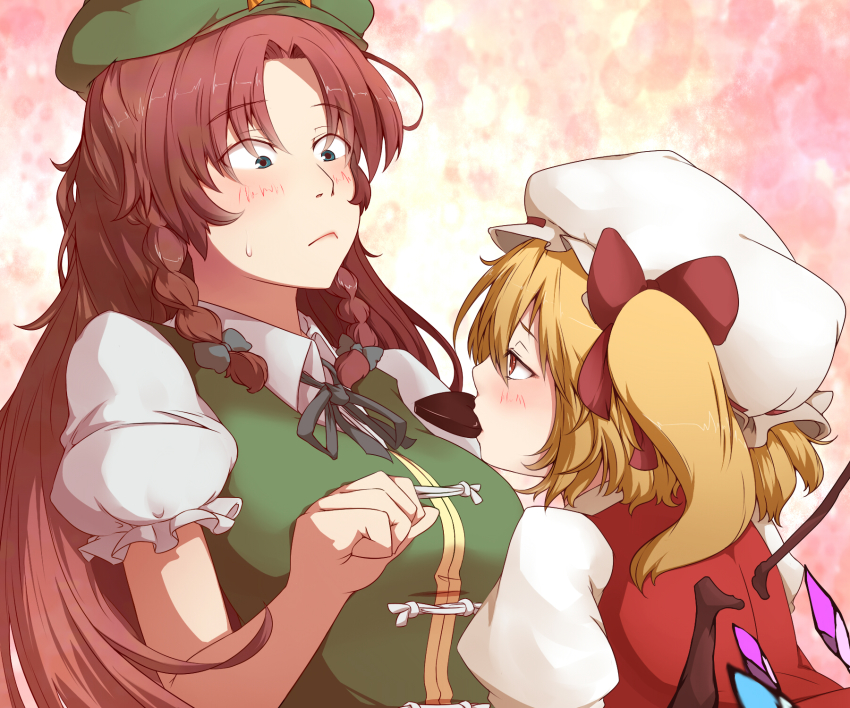 2girls :&lt; blonde_hair blue_eyes blush braid breasts chocolate female_focus flandre_scarlet hat highres hong_meiling large_breasts long_hair multiple_girls ponytail red_eyes red_hair ribbon short_hair side_ponytail touhou wings wino winu_(hertrion) yuri