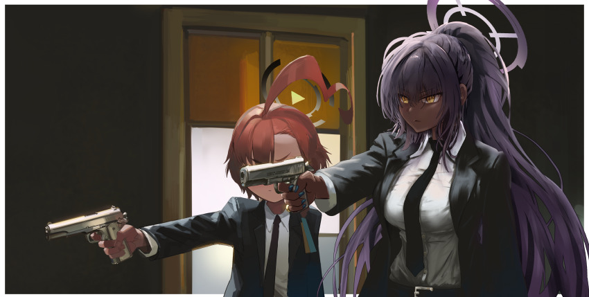 2girls absurdres ahoge aiming belt black_hair black_suit blue_archive braid breasts business_suit collared_shirt covered_eyes dark-skinned_female dark_skin formal_clothes formal_clothes gun halo handgun highres holding holding_gun holding_weapon karin_(blue_archive) long_hair long_sleeves m1911 multiple_girls necktie neru_(blue_archive) polilla pulp_fiction scene_reference shirt suit weapon window yellow_eyes