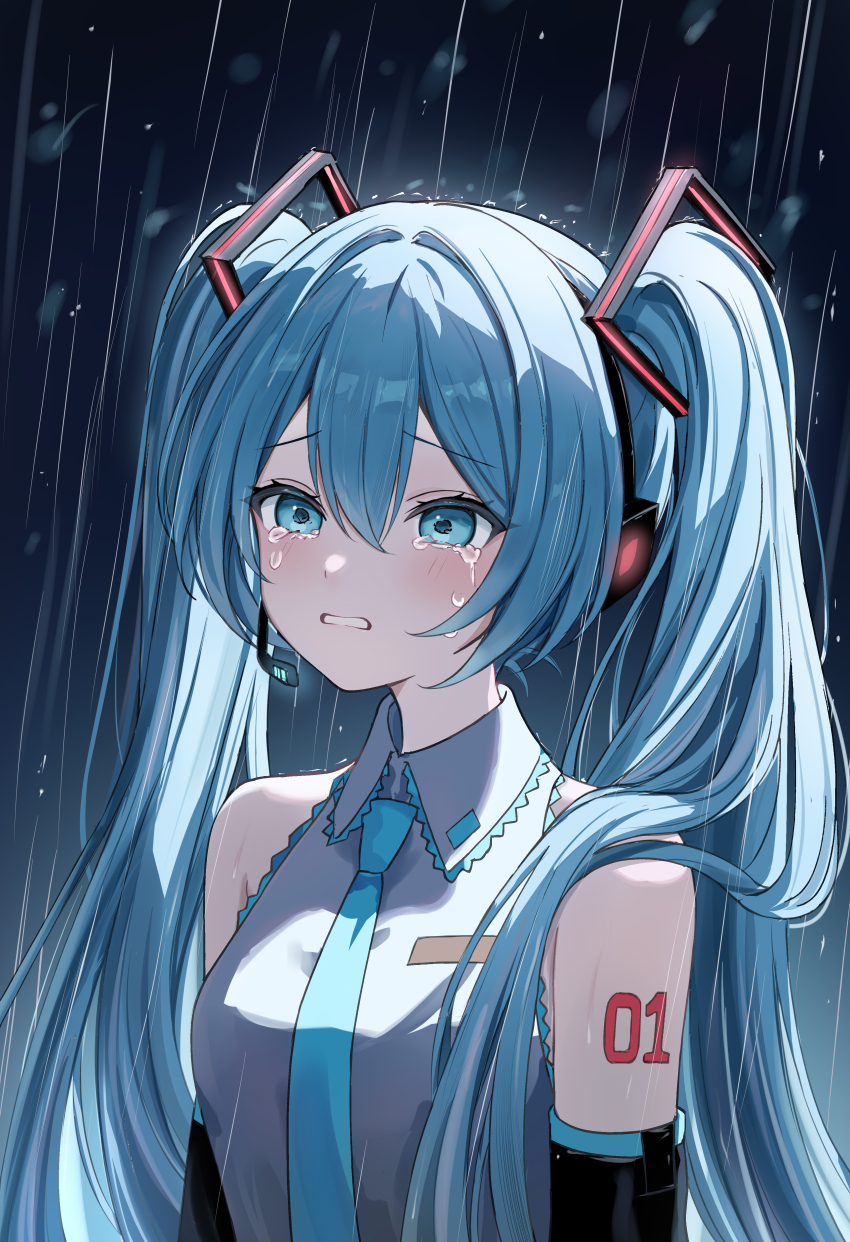 1girl absurdres blue_eyes cc_lin clenched_teeth commentary crying detached_sleeves hair_over_shoulder hatsune_miku highres long_hair looking_ahead necktie rain shirt sleeveless sleeveless_shirt solo symbol-only_commentary tears teeth twintails upper_body vocaloid