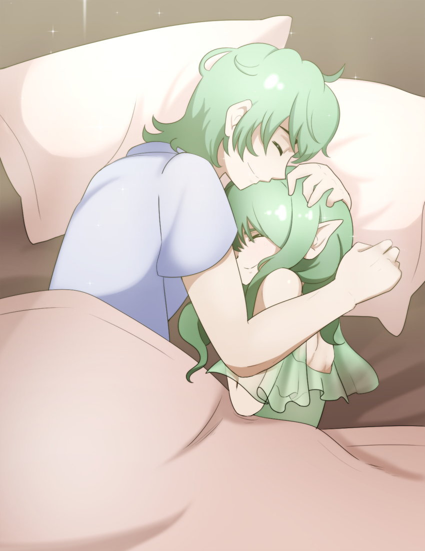 1boy 1girl bare_shoulders bed blanket blush byleth_(fire_emblem) byleth_(male)_(fire_emblem) closed_eyes dress fire_emblem fire_emblem:_three_houses flayn_(fire_emblem) from_side green_hair hand_on_another&#039;s_head highres hug long_hair nintendo pillow pointy_ears shirt short_hair short_sleeves sleeping smile ulquiorramisaki umisaki