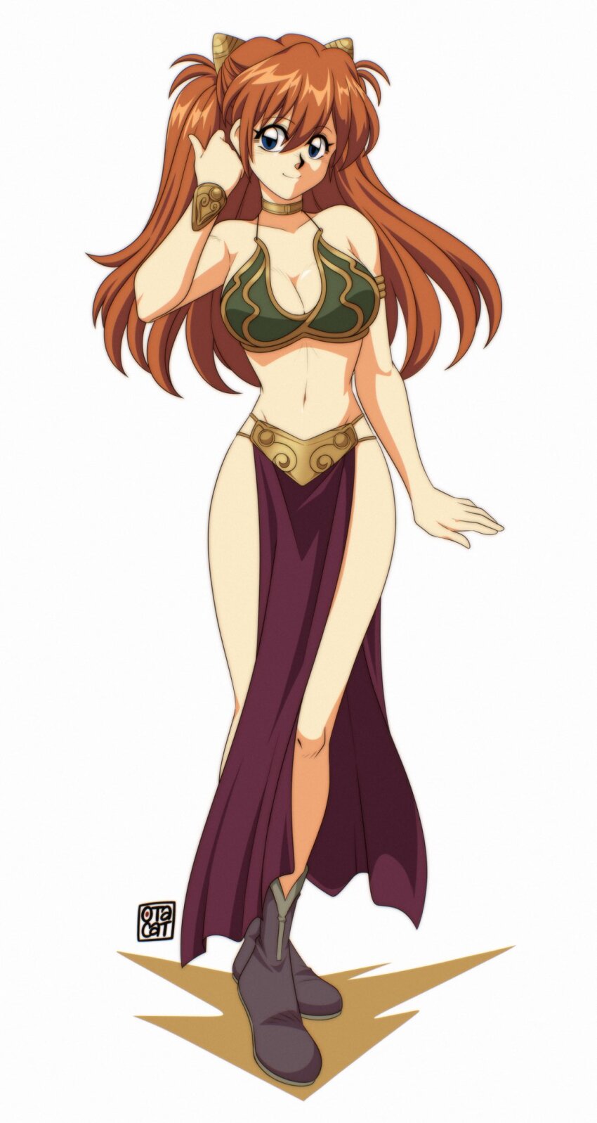 0tacat 1girl alternate_breast_size bare_legs bare_shoulders blue_eyes blush breasts brown_hair chain cleavage cosplay curvy facing_viewer full_body highres huttslayer_leia_(cosplay) leia_organa leia_organa_(cosplay) long_hair looking_at_viewer medium_breasts narrow_waist navel neon_genesis_evangelion pelvic_curtain princess_leia princess_leia_(cosplay) revealing_clothes shiny_skin simple_background huttslayer_leia smile solo souryuu_asuka_langley standing star_wars star_wars:_return_of_the_jedi two_side_up very_long_hair