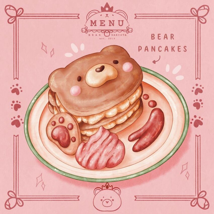 abbey_and_bear animal-themed_food arrow_(symbol) bear commentary english_commentary english_text food food_focus ham menu no_humans notice_lines original pancake pancake_stack paw_print pink_background plate sausage shadow simple_background sparkle