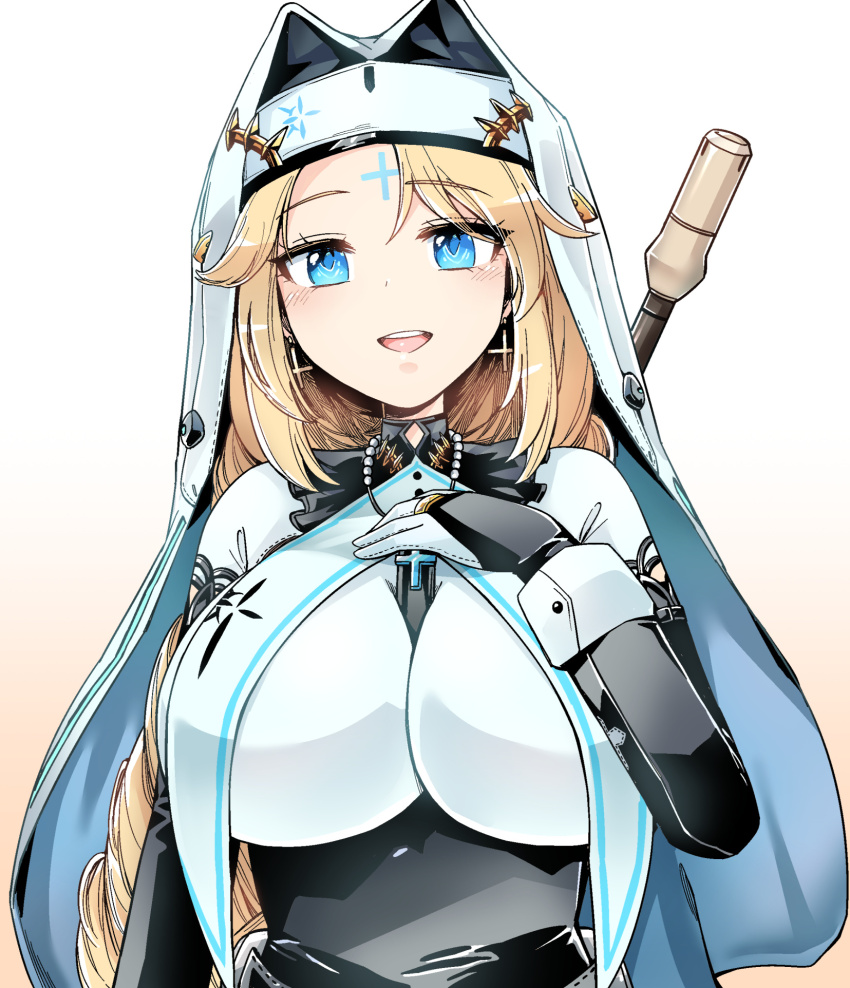 armored_bodysuit black_robe blonde_hair blue_eyes breasts bridal_gauntlets cross cross_bracelet cross_facial_mark cross_necklace facial_mark gagaga gloves goddess_(nikke) goddess_of_victory:_nikke hand_on_own_chest highres holding holding_staff jewelry large_breasts long_braid long_sleeves looking_at_viewer mage_staff necklace nun rapunzel_(nikke) rapunzel_(pure_grace)_(nikke) robe simple_background smile staff upper_body visor_(armor)