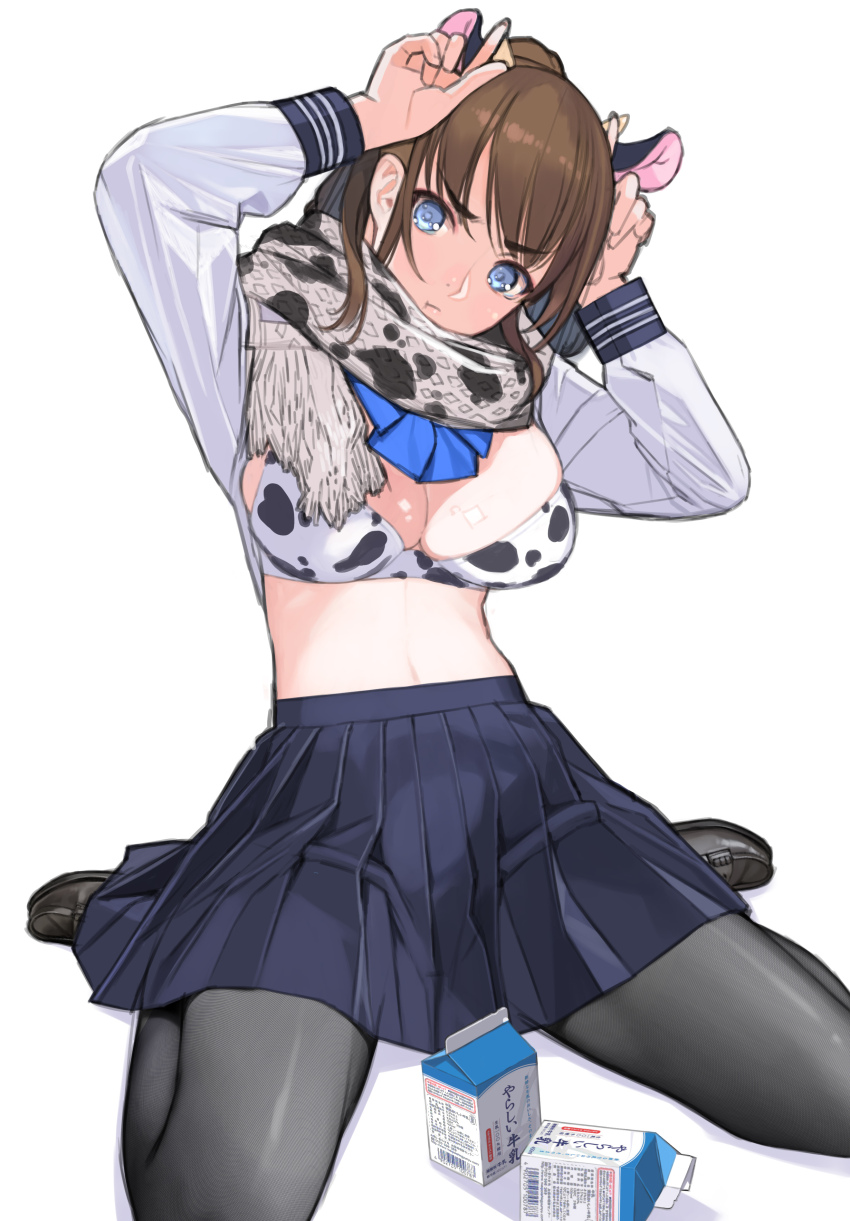 1girl :t absurdres animal_ears animal_print black_pantyhose blue_eyes blue_skirt bra breasts brown_hair chinese_zodiac cow_ears cow_print highres large_breasts loafers mibu_natsuki milk_carton new_year open_clothes open_shirt original pantyhose pleated_skirt ponytail print_bra print_scarf scarf school_uniform serafuku shoes simple_background skirt underwear white_background year_of_the_ox