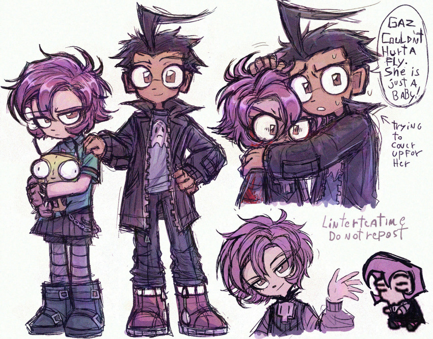 1girl 2boys alien black_hair breasts colored_skin dib_(invader_zim) english_text gazlene_membrane gir_(invader_zim) glasses invader_zim linterteatime looking_at_viewer multiple_boys open_mouth purple_eyes shirt short_hair smile