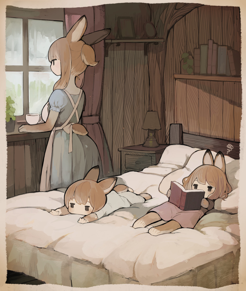 1boy 2girls absurdres animal_ears apron bed blue_dress book brother_and_sister brown_hair child cup dress headboard highres holding holding_book indoors jitome lamp long_hair looking_outside lying multiple_girls on_back on_bed on_stomach original pillow plant potted_plant rabbit_boy rabbit_ears rabbit_girl rabbit_tail sakutake_(ue3sayu) shelf short_ponytail siblings tail teacup white_apron window windowsill