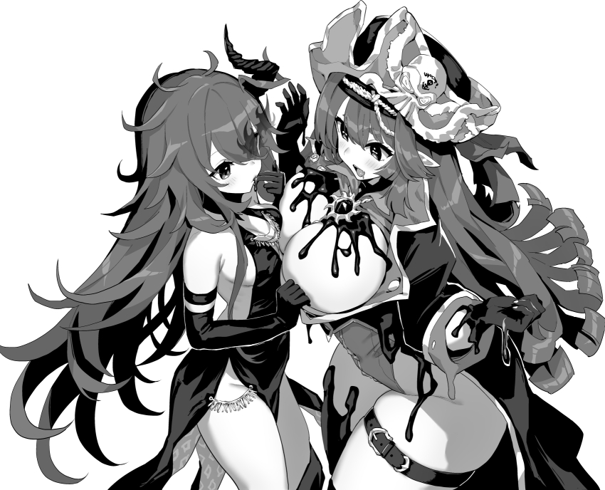 2girls amity_(azur_lane) armpit_crease asymmetrical_docking azur_lane azur_lane:_slow_ahead belt black_dress black_gloves breast_press breasts cephalopod_eyes cleavage coat curvy dress drooling elbow_gloves gloves greyscale hat highres hori_(hori_no_su) huge_breasts ink leotard light_blush long_hair medium_breasts monochrome mouth_drool multiple_girls official_art open_clothes open_coat open_mouth pelvic_curtain pirate_hat pointy_ears portsmouth_adventure_(azur_lane) simple_background thick_thighs thigh_belt thigh_strap thighs very_long_hair white_background wide_hips