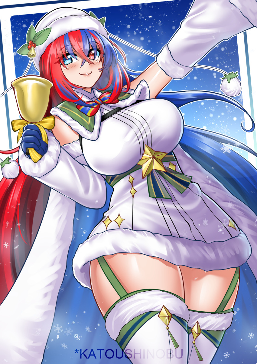 1girl absurdres alear_(female)_(fire_emblem) alear_(female)_(gifted_dragons)_(fire_emblem) alear_(fire_emblem) blue_eyes blue_gloves blue_hair breasts christmas crossed_bangs fire_emblem fire_emblem_engage fire_emblem_heroes fur-trimmed_headwear fur_trim gloves hair_between_eyes hat heterochromia highres katou_shinobu large_breasts long_hair looking_at_viewer multicolored_hair nintendo official_alternate_costume red_eyes red_hair skindentation smile split-color_hair thick_thighs thighs two-tone_hair very_long_hair wide_hips