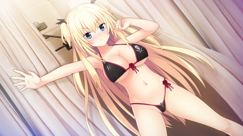 1girl bat_hair_ornament bikini blonde_hair blue_eyes blush hair_ornament kimi_no_hitomi_ni_hit_me kurasawa_moko kurose_tsubasa long_hair looking_at_viewer navel swimsuit two_side_up