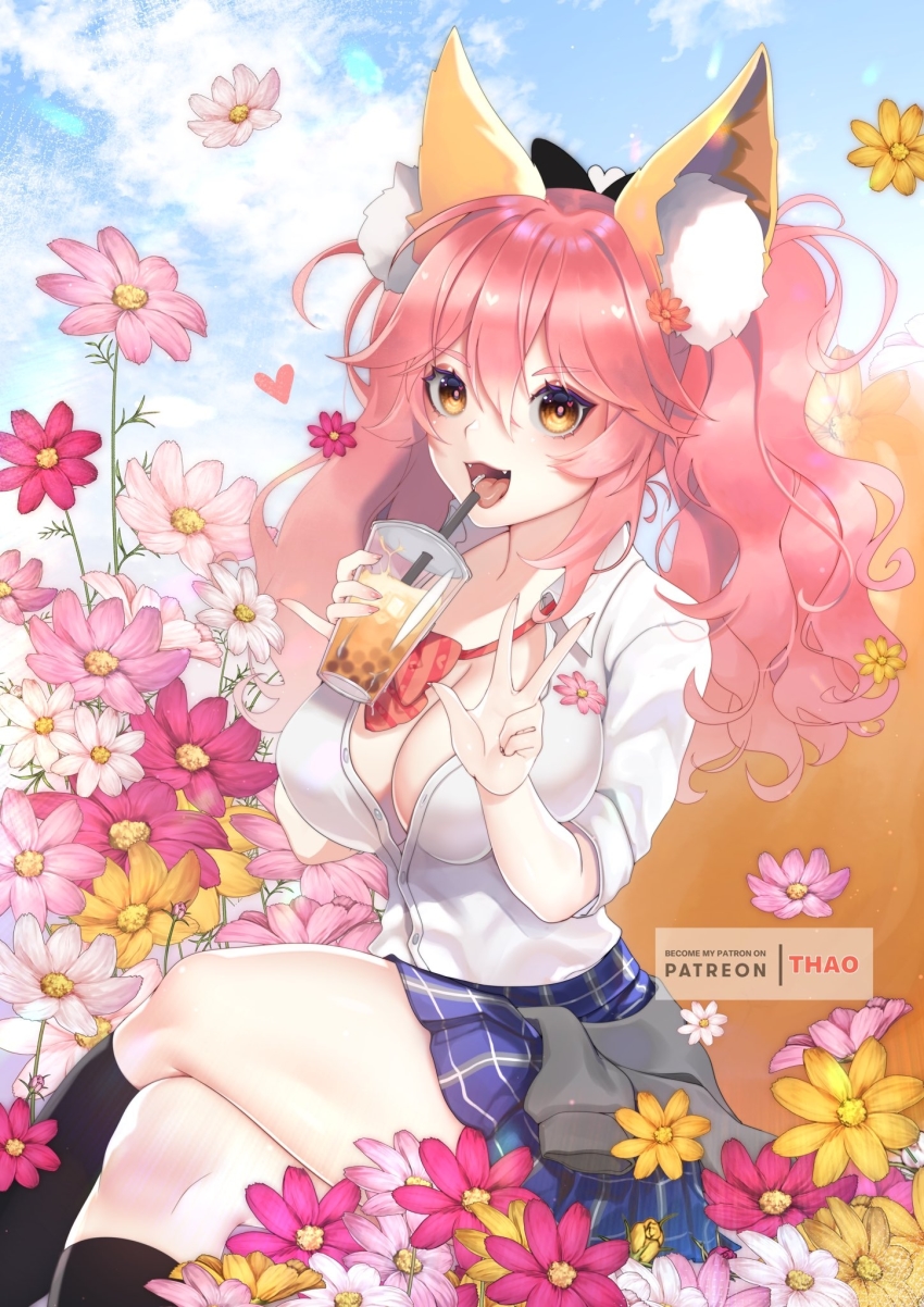 animal_ear_fluff animal_ears black_socks breasts bubble_tea cleavage clothes_around_waist crossed_legs drinking_straw fangs fate/grand_order fate_(series) flower fox_ears fox_tail highres jacket jacket_around_waist kneehighs large_breasts long_hair miniskirt official_alternate_costume open_clothes open_mouth open_shirt orange_eyes patreon_username pink_hair pinky_out plaid_clothes plaid_skirt school_uniform shirt sitting skirt sky smile socks solo tail tamamo_(fate) tamamo_no_mae_(jk)_(fate) tomathao tongue twintails v white_shirt