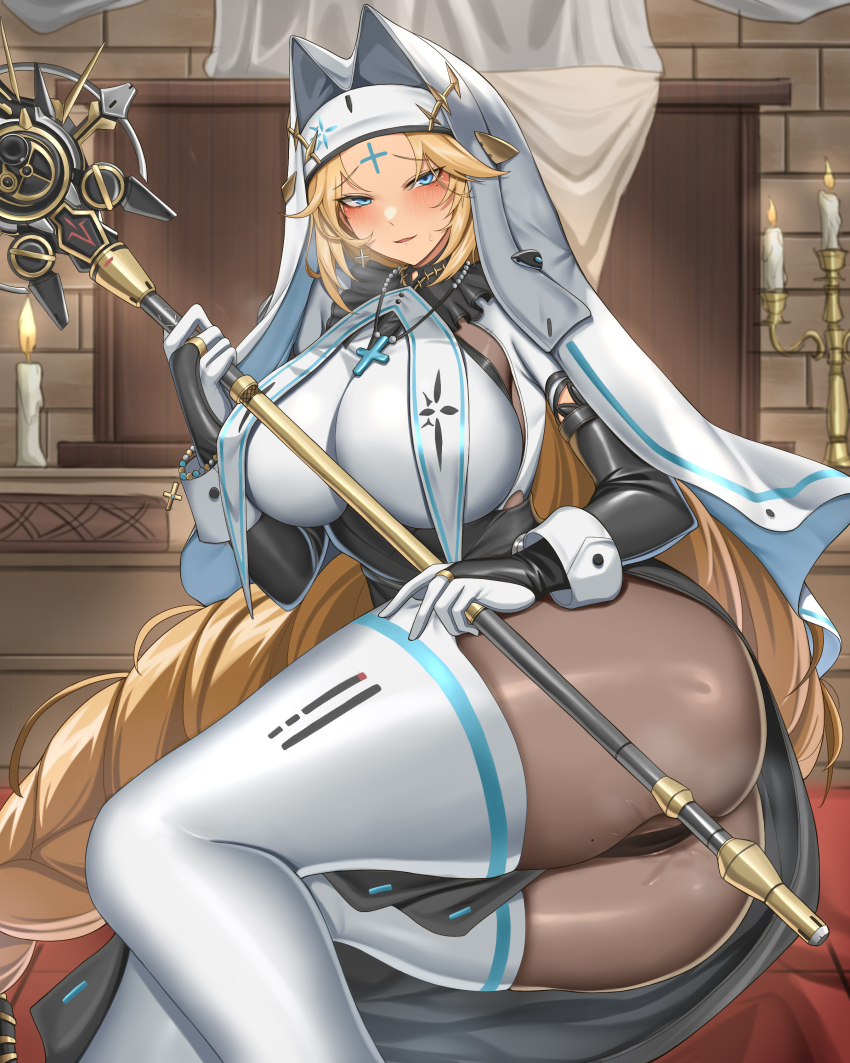 1girl absurdres armored_bodysuit ass black_pantyhose blonde_hair blue_eyes blush boots breasts cleavage cloak cross cross_bracelet cross_facial_mark cross_necklace cross_tattoo facial_mark gloves goddess_of_victory:_nikke habit highres holding holding_staff jewelry large_breasts long_braid long_hair looking_at_viewer necklace nun pantyhose rapunzel_(nikke) rapunzel_(pure_grace)_(nikke) solo staff tattoo thigh_boots thighhighs very_long_hair white_cloak yijie_xianyu