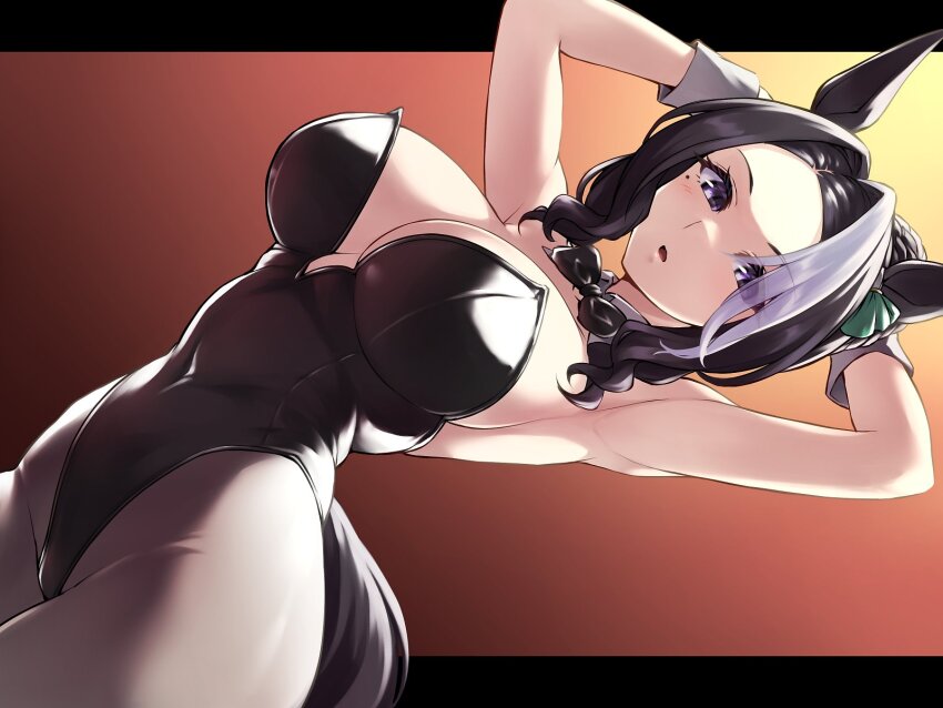 1girl alternate_costume armpits arms_up black_hair black_leotard black_pantyhose blush breasts chestnut_mouth cleavage commentary_request covered_navel detached_collar dutch_angle ear_ornament gradient_background hair_between_eyes highleg highleg_leotard highres large_breasts leotard letterboxed medium_hair mejiro_ramonu_(umamusume) mole mole_under_eye multicolored_hair nontraditional_playboy_bunny pantyhose pataneet purple_eyes shiny_clothes solo strapless strapless_leotard streaked_hair umamusume white_hair wrist_cuffs