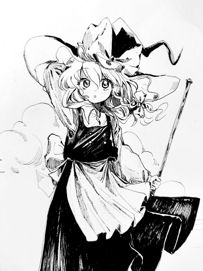 1girl apron bow braid broom commentary_request greyscale hair_bow hat hat_bow highres holding holding_broom kirisame_marisa long_hair long_sleeves looking_at_viewer monochrome open_mouth side_braid single_braid skirt solo touhou vest waist_apron witch_hat youshouhaoxianzhe