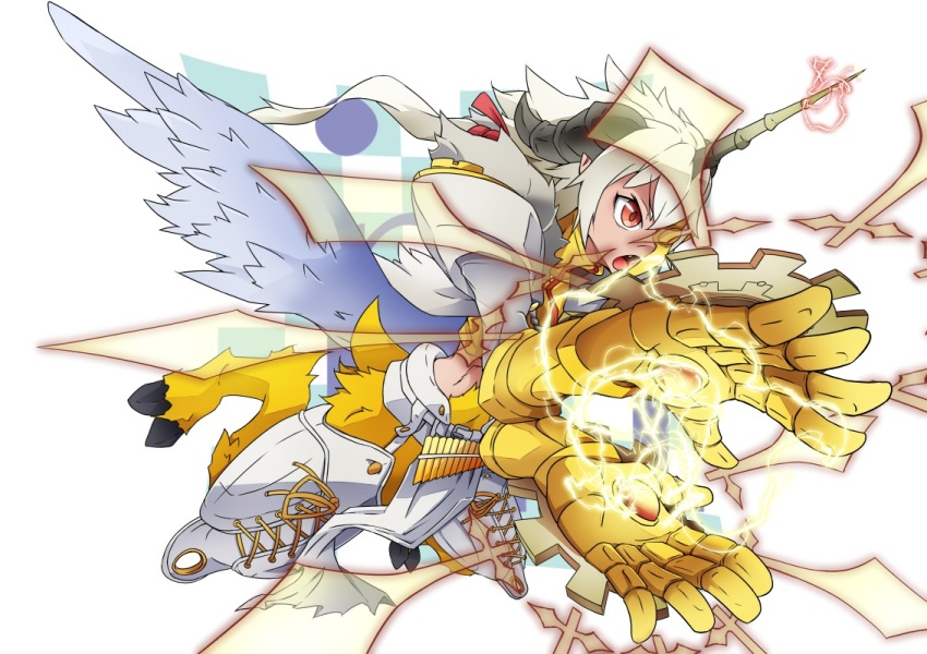 1boy aegiochusmon_holy armor blonde_hair body_fur brown_eyes commentary_request digimon digimon_(creature) electricity feathered_wings full_body goat_boy gold_armor gold_mask grey_wings half_mask long_hair male_focus mask powering_up roy_payne solo wings yellow_fur