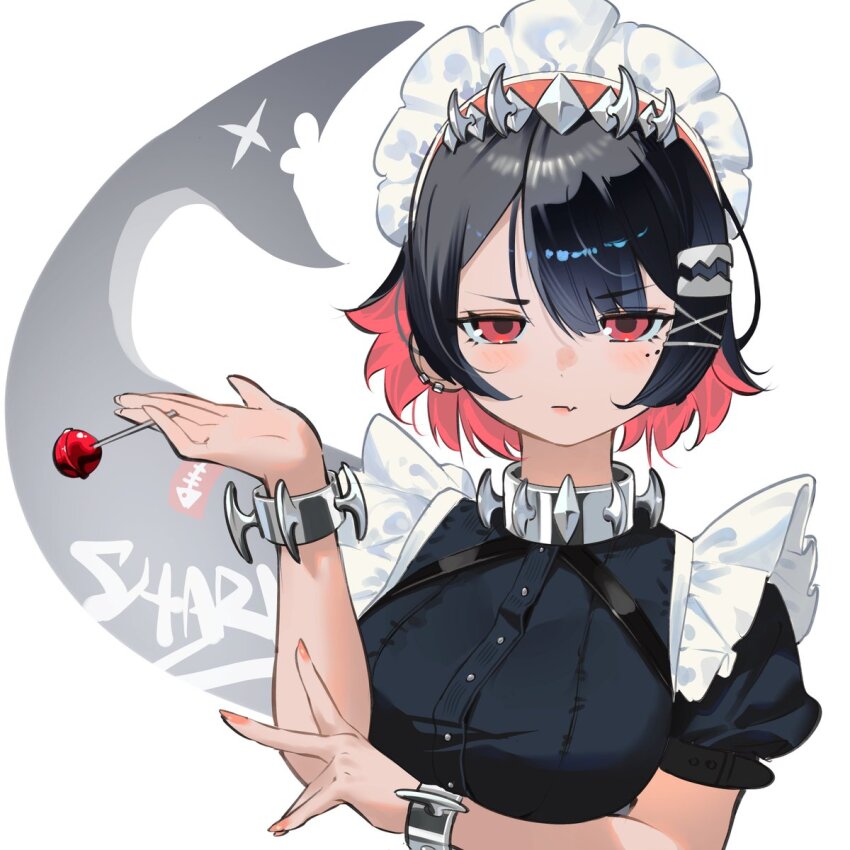 1girl bea_lenoir black_hair candy closed_mouth colored_inner_hair earrings ellen_joe fang fingernails fins fish_tail food hair_ornament hairclip highres jewelry lollipop looking_at_viewer maid maid_headdress mole mole_under_eye multicolored_hair red_eyes red_hair shark_girl shark_tail skin_fang solo tail two-tone_hair upper_body zenless_zone_zero