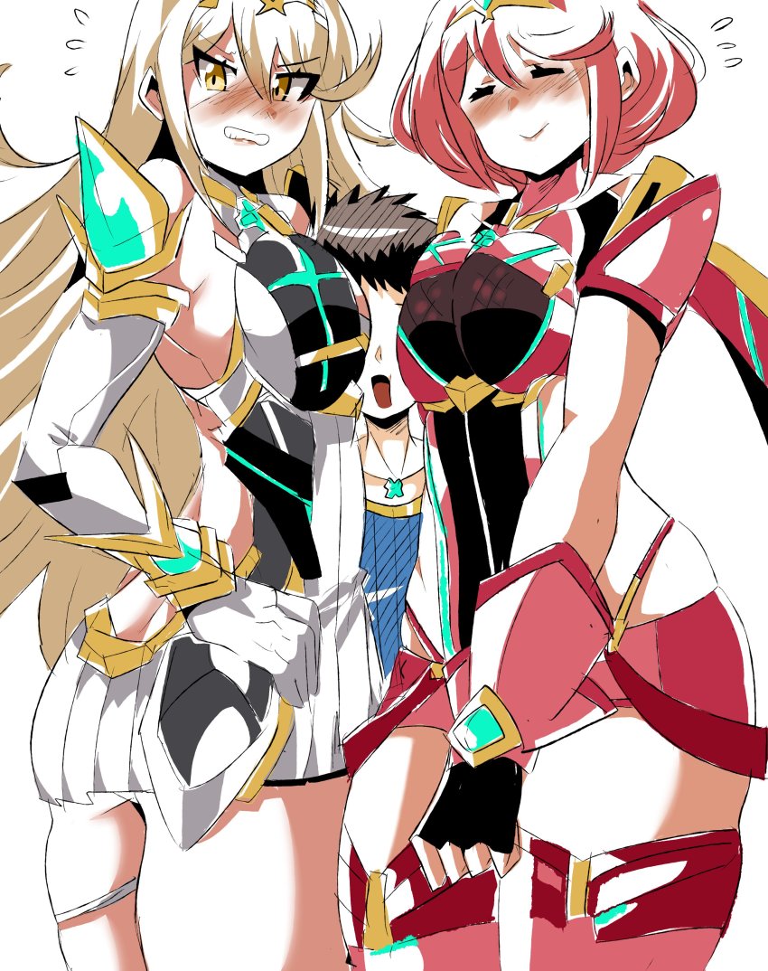 1boy 2girls absurdres between_breasts blush breasts clenched_teeth closed_mouth earrings flat_color gem haho hair_ornament headpiece highres jewelry large_breasts long_hair multiple_girls mythra_(xenoblade) nervous nintendo nipples open_mouth pyra_(xenoblade) rex_(xenoblade) shirt shy simple_background swept_bangs teeth thigh_strap tiara tsundere very_long_hair white_background xenoblade_chronicles_(series) xenoblade_chronicles_2