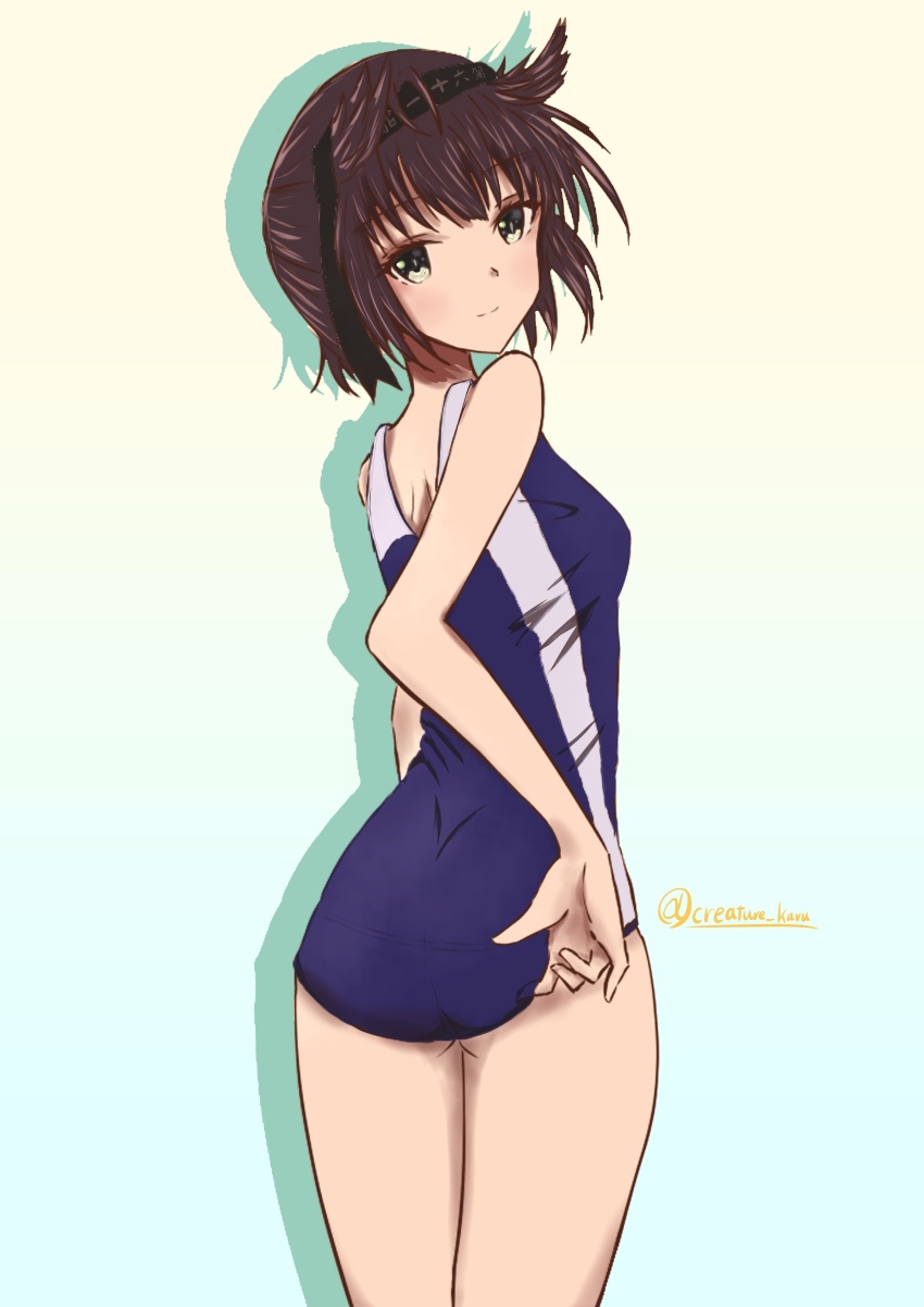 1girl absurdres adjusting_clothes adjusting_swimsuit ass black_hair blue_background breasts brown_hair competition_swimsuit gradient_background hachimaki hair_between_eyes hair_flaps hairband hatsuzuki_(kancolle) hatsuzuki_(swimsuit_mode)_(kancolle) headband highres kantai_collection looking_at_viewer looking_back nekojita_kavu official_alternate_costume one-hour_drawing_challenge one-piece_swimsuit short_hair small_breasts smile solo swimsuit twitter_username yellow_eyes