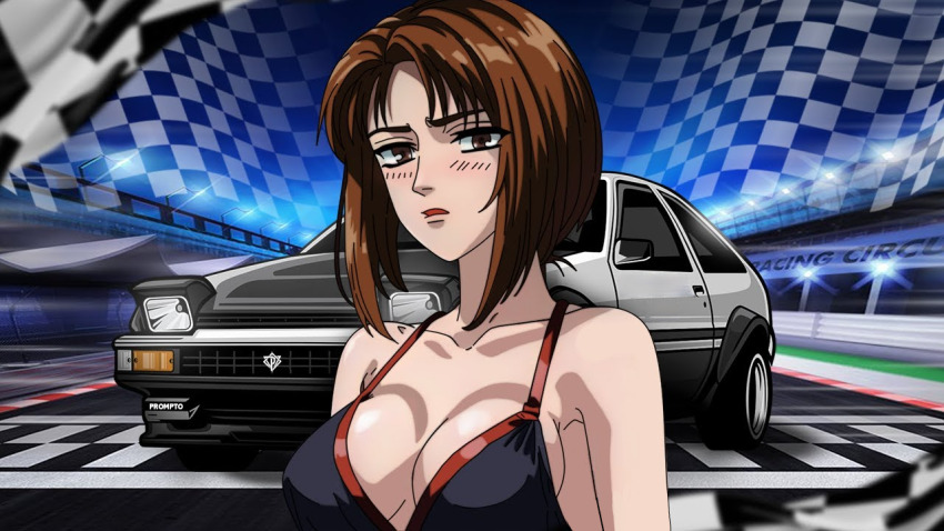 1girl ae86 alternate_costume blunt_bangs bob_cut bra breasts brown_eyes brown_hair car cleavage cosplay costume fanart_digital highres initial_d lipstick looking_at_viewer makeup medium_breasts midriff mogi_natsuki motor_vehicle race_queen race_track race_vehicle racecar racetrack short_hair source_request swimsuit toyota toyota_sprinter_trueno underwear