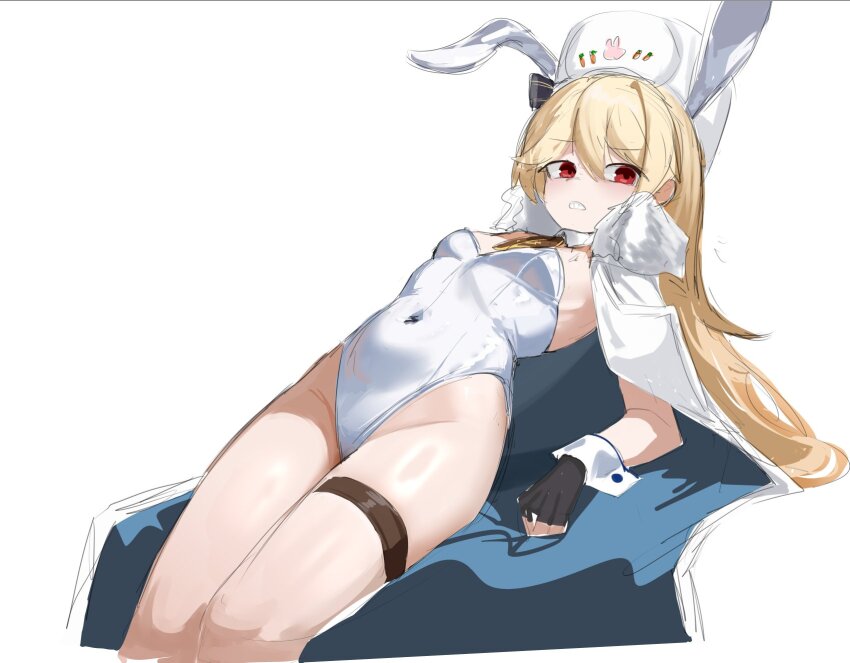 1girl alternate_costume animal_ears blonde_hair breasts cape chinese_commentary collar commentary_request detached_collar fake_animal_ears fingerless_gloves fur-trimmed_cape fur_hat fur_trim girls&#039;_frontline gloves hat highres leotard looking_at_viewer nagant_revolver_(girls&#039;_frontline) parted_lips playboy_bunny rabbit_ears red_eyes shenqi_xiaohuang simple_background small_breasts solo teeth thigh_strap ushanka white_background white_cape white_collar white_hat white_leotard