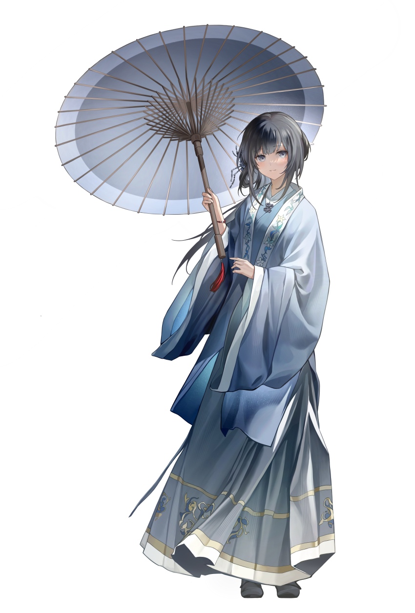 1girl absurdres black_hair blue_kimono character_request chinese_commentary closed_mouth commentary_request copyright_request floral_print floral_print_kimono full_body grey_eyes grey_skirt hair_ornament highres holding holding_umbrella japanese_clothes kimono long_hair long_skirt long_sleeves looking_at_viewer making-of_available parasol print_kimono procreate_(medium) simple_background skirt smile solo tassel umbrella umie_(iowae) video_thumbnail white_background wide_sleeves