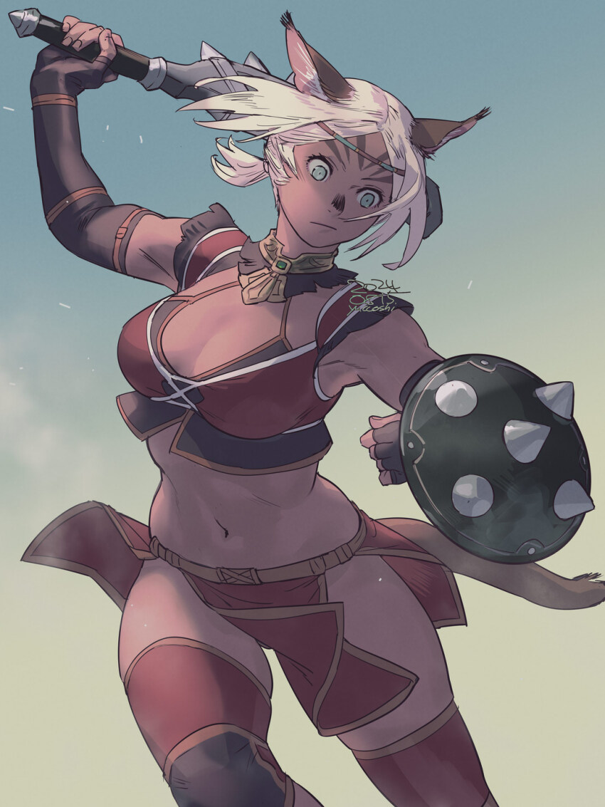 1girl 2024 :/ adventurer_(ff11) animal_ears artist_name black_gloves blue_eyes breasts buckler cat_ears cat_girl cat_tail circlet cleavage closed_mouth dark-skinned_female dark_skin dated elbow_gloves final_fantasy final_fantasy_xi fingerless_gloves gloves highres holding holding_weapon loincloth medium_breasts mithra_(ff11) navel no_eyebrows parted_bangs red_loincloth shield short_hair solo tail weapon white_hair yuccoshi