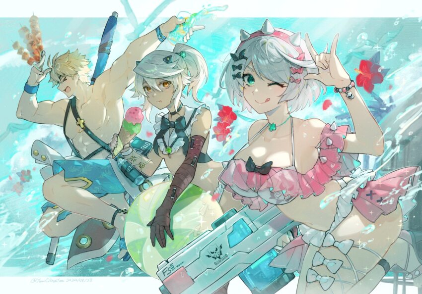 1boy 2girls abs bikini blonde_hair breasts dark-skinned_female dark_skin elphelt_valentine flower food frilled_bikini frills guilty_gear guilty_gear_strive gun ice_cream long_hair looking_at_viewer medium_breasts multiple_girls navel one_eye_closed orange_eyes ramlethal_valentine red_bandage siblings sin_kiske sisters swimsuit weapon white_hair youmicitrustea