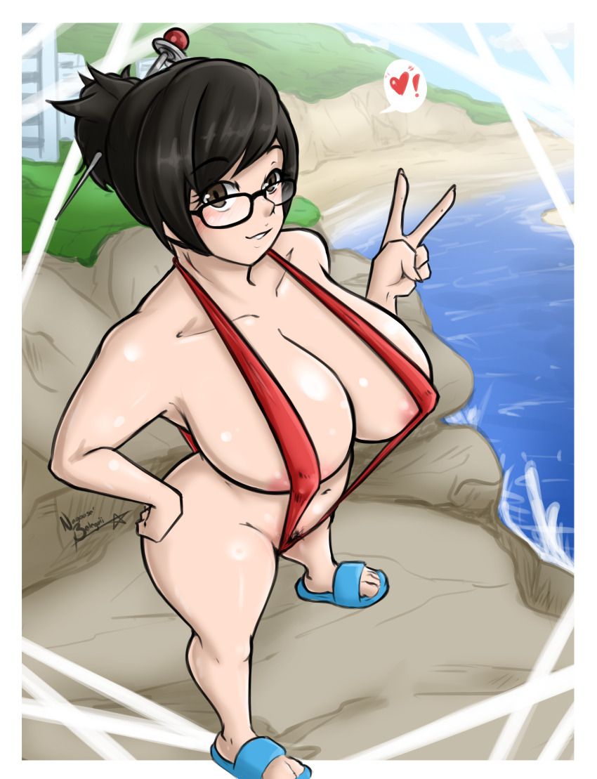 1girl absurdres bikini blush breasts brown_eyes brown_hair female_focus female_pubic_hair glasses highres huge_breasts long_hair looking_at_viewer mei_(overwatch) nayaase_beleguii overwatch partially_undressed pubic_hair slingshot_swimsuit smile solo swimsuit thong_bikini v water