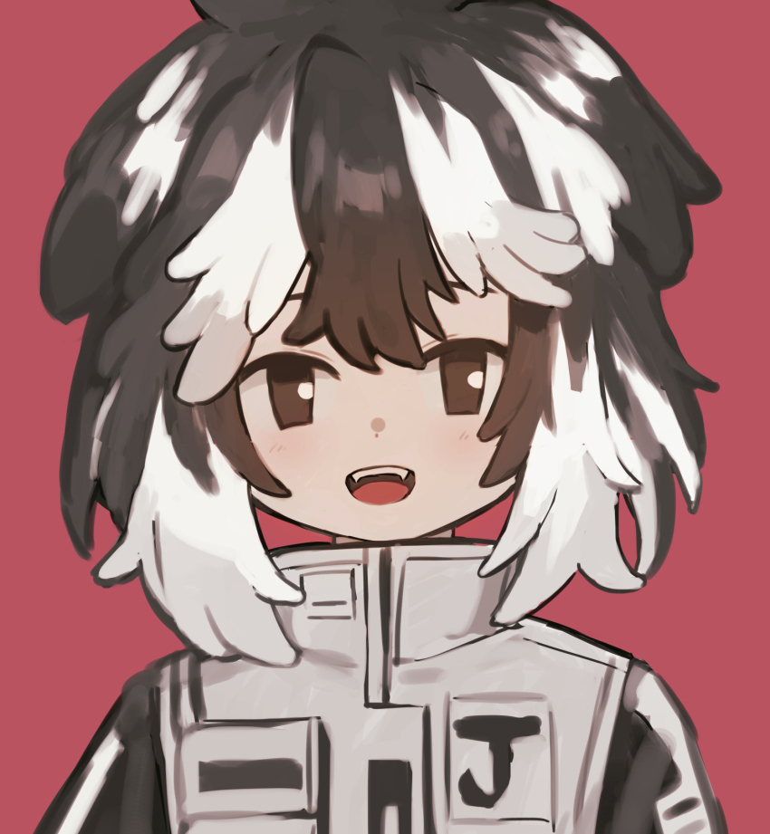 1girl animal_ears black_eyes black_hair commentary dog_ears fangs highres indie_virtual_youtuber jacket jang_schna konoeda limbus_company looking_at_viewer medium_hair multicolored_hair open_mouth project_moon smile solo streaked_hair white_hair white_jacket