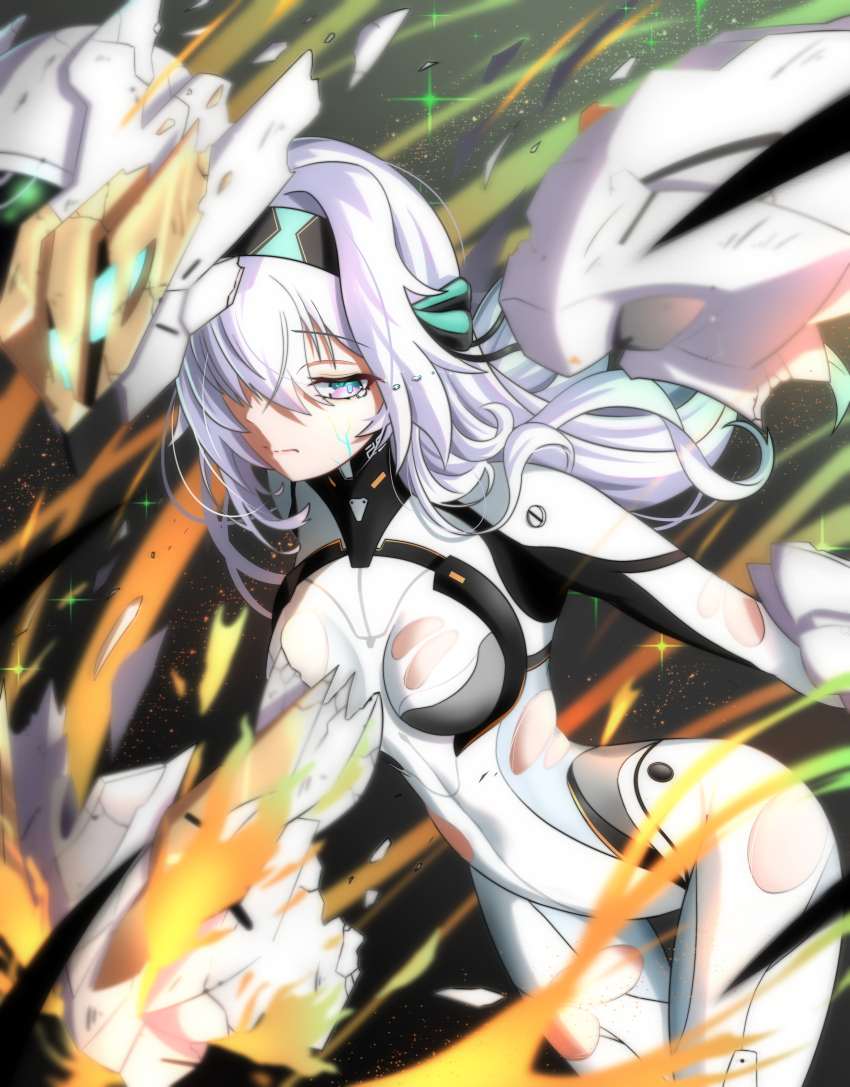 1girl absurdres armor black_hairband bodysuit breasts broken_armor cowboy_shot crying crying_with_eyes_open fire firefly_(ar-26710)_(honkai:_star_rail) firefly_(honkai:_star_rail) grey_hair hair_between_eyes hair_ribbon hairband helmet henshin highres honkai:_star_rail honkai_(series) kappaako long_hair mecha_pilot_suit medium_breasts official_alternate_costume ribbon sam_(honkai:_star_rail) solo tears torn_clothes two-tone_eyes white_bodysuit