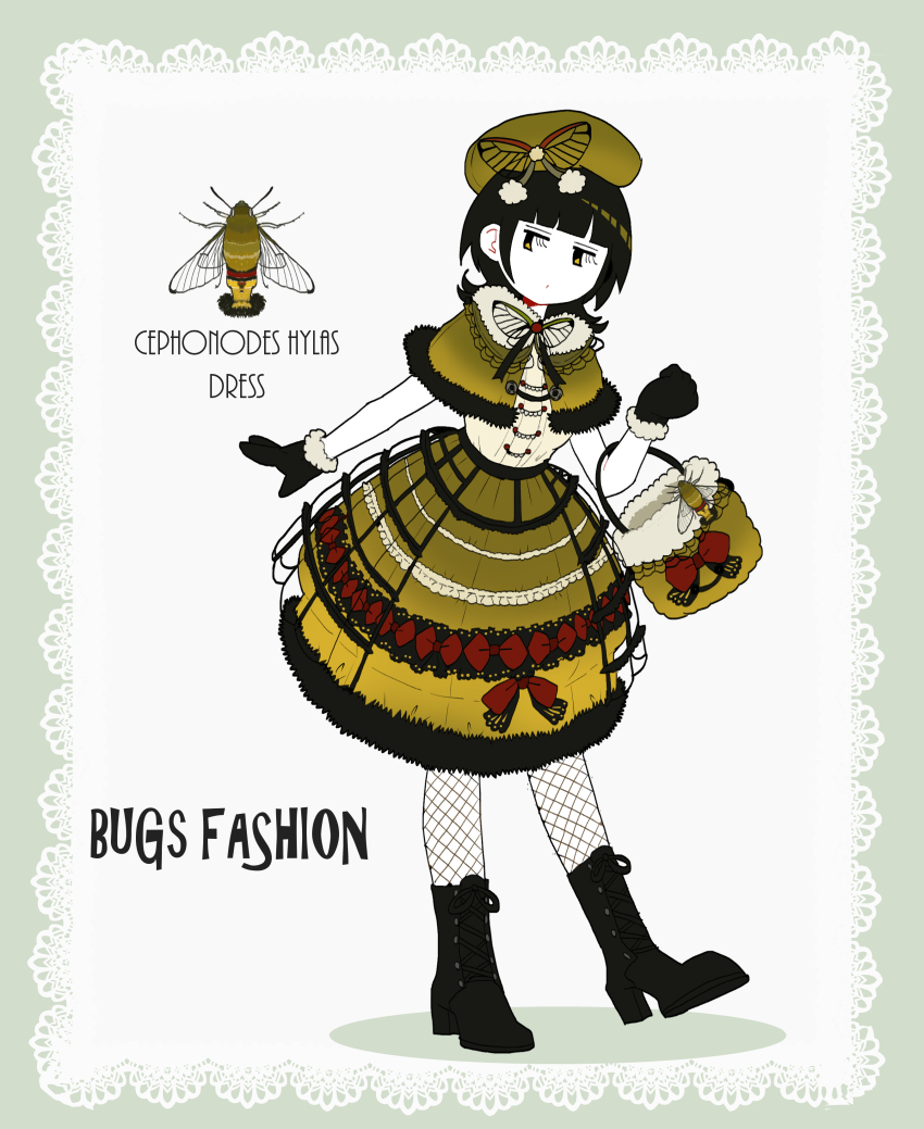 1girl absurdres beret black_hair boots bug capelet dress fishnet_pantyhose fishnets full_body gloves green_dress hat hawk_moth highres insect looking_at_viewer moth nicoq_(koikoihaihai) original pantyhose short_hair solo white_background